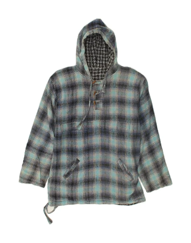 VINTAGE Mens Reversible Hoodie Jumper Large Blue Check Hoodie with Hood Adjustable Protection