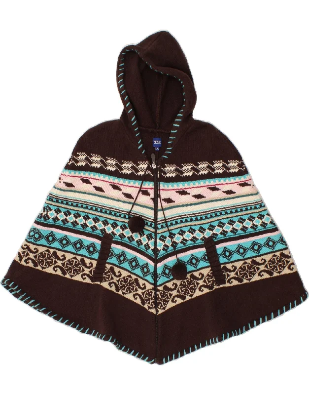 VINTAGE Womens Hooded Poncho Jumper UK 18 XL Brown Fair Isle Polyacrylic Zip Hoodie Drawstring Kangaroo Pocket