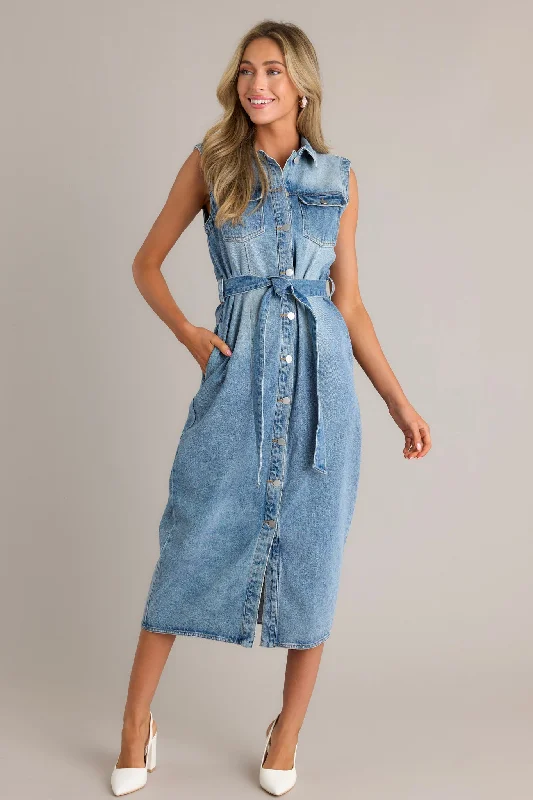 Blue Jean Babe Medium Wash Denim Maxi Dress Trendy A-Line Maxi Dress