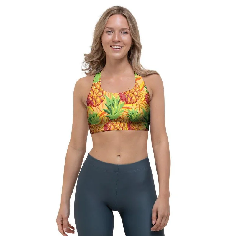 Neon Yellow Pineapple Hawaiian Print Sports Bra Adjustable Fit Bra