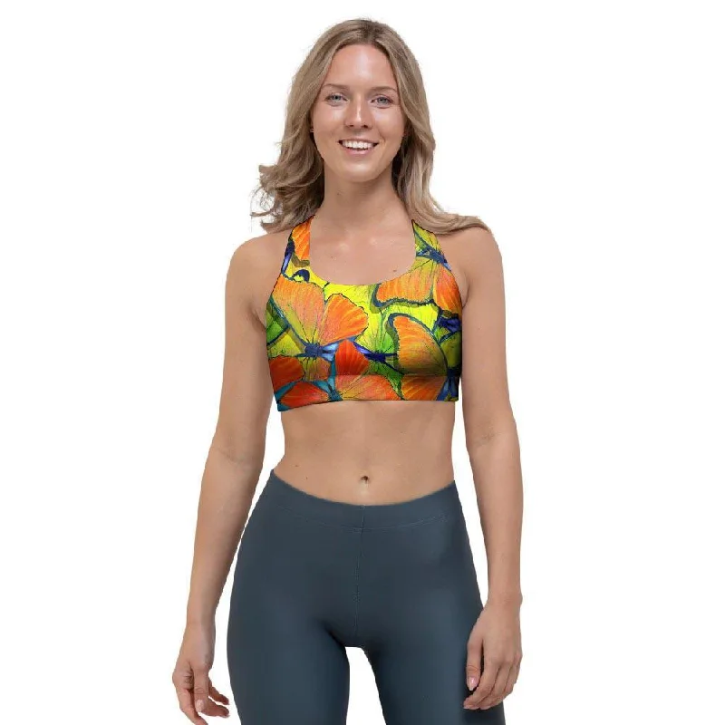 Orange And Blue Butterfly Print Sports Bra Minimalist Wireless Bra