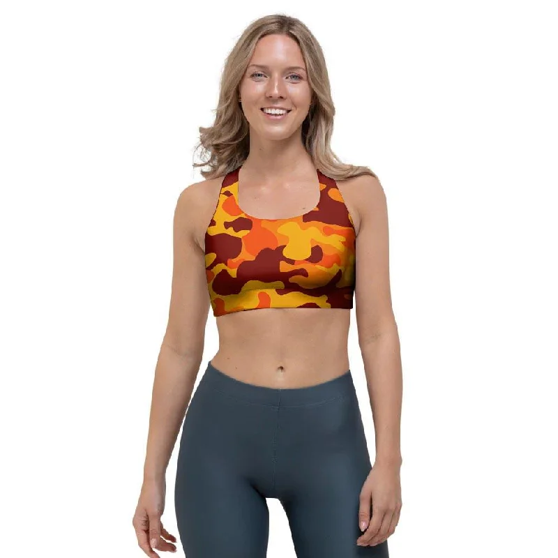 Orange Camo Print Sports Bra Breathable Comfort Bra