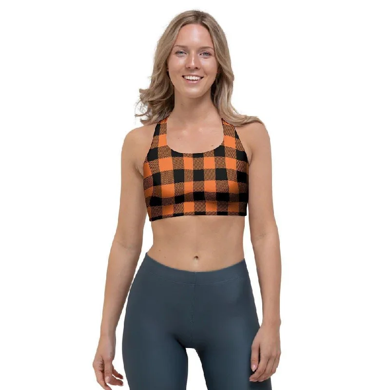 Orange Plaid Sports Bra Wireless Push-Up Bra