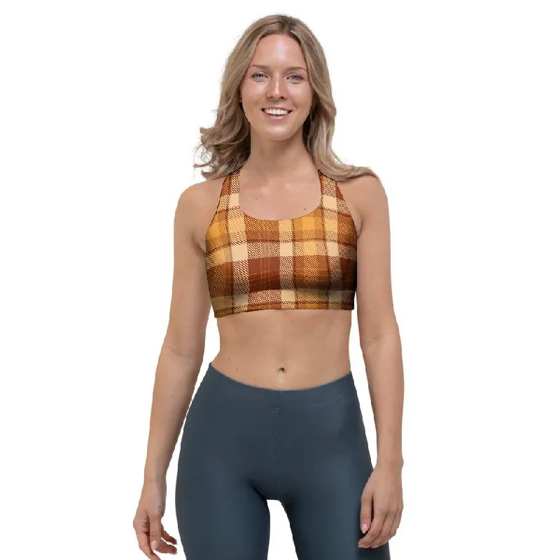 Orange Plaid Tartan Print Sports Bra Full Coverage Bra