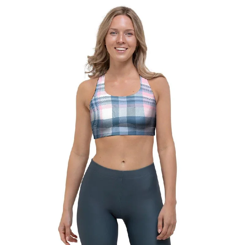 Pastel Blue And Pink Plaid Tartan Sports Bra Stylish Lace Bralette