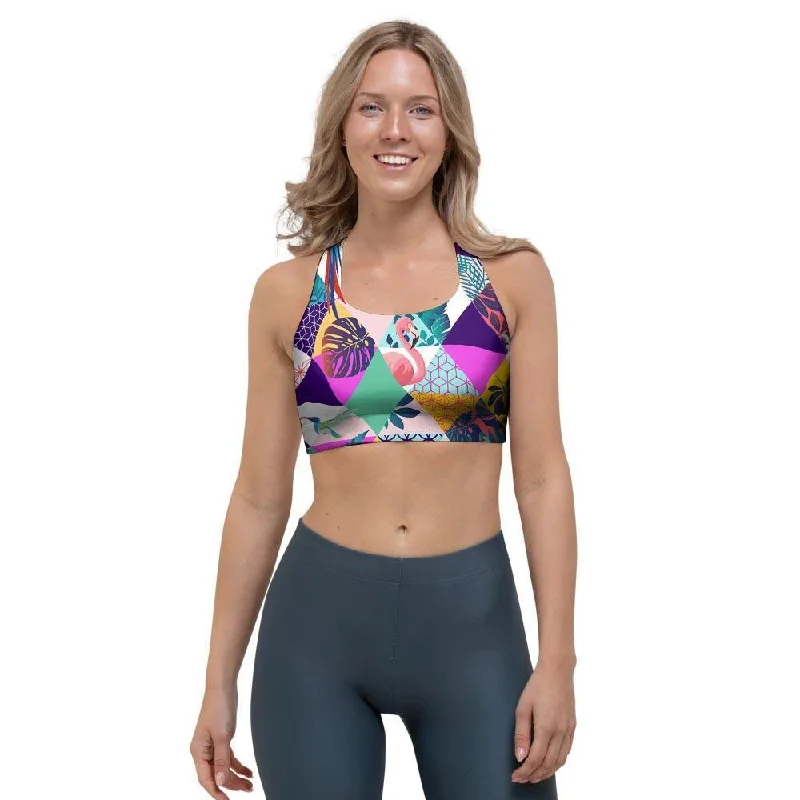 Patchwork Tropical Bird Print Sports Bra Stretchy Full Coverage