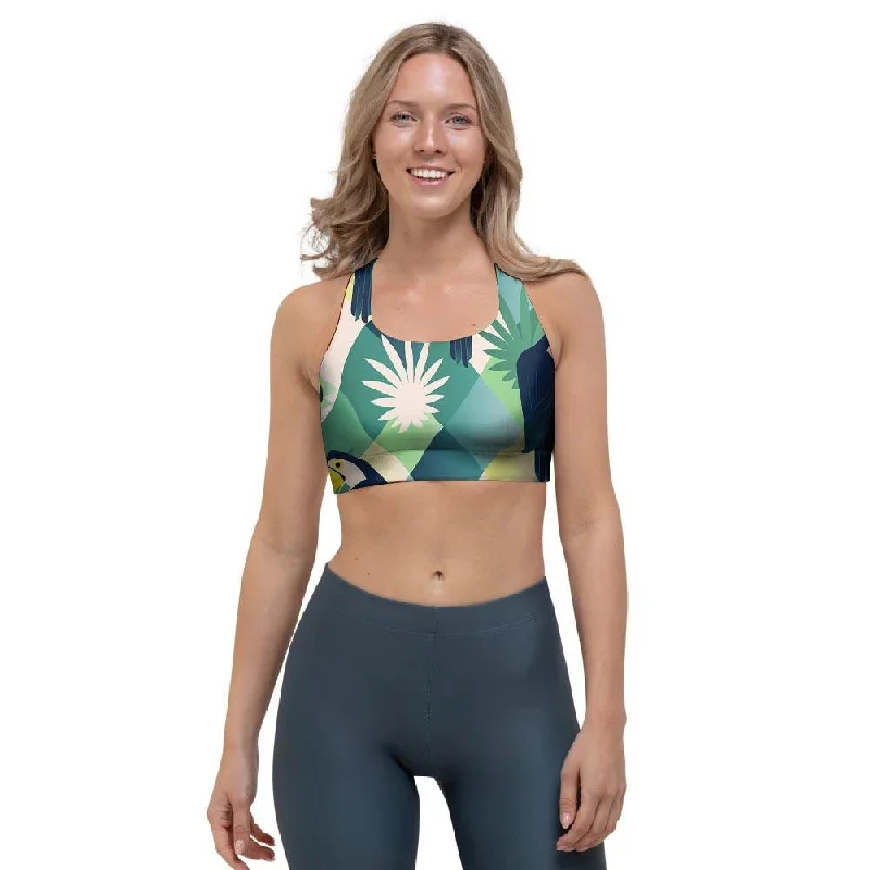 Patchwork Tropical Toucan Print Sports Bra Adjustable Comfort Bra