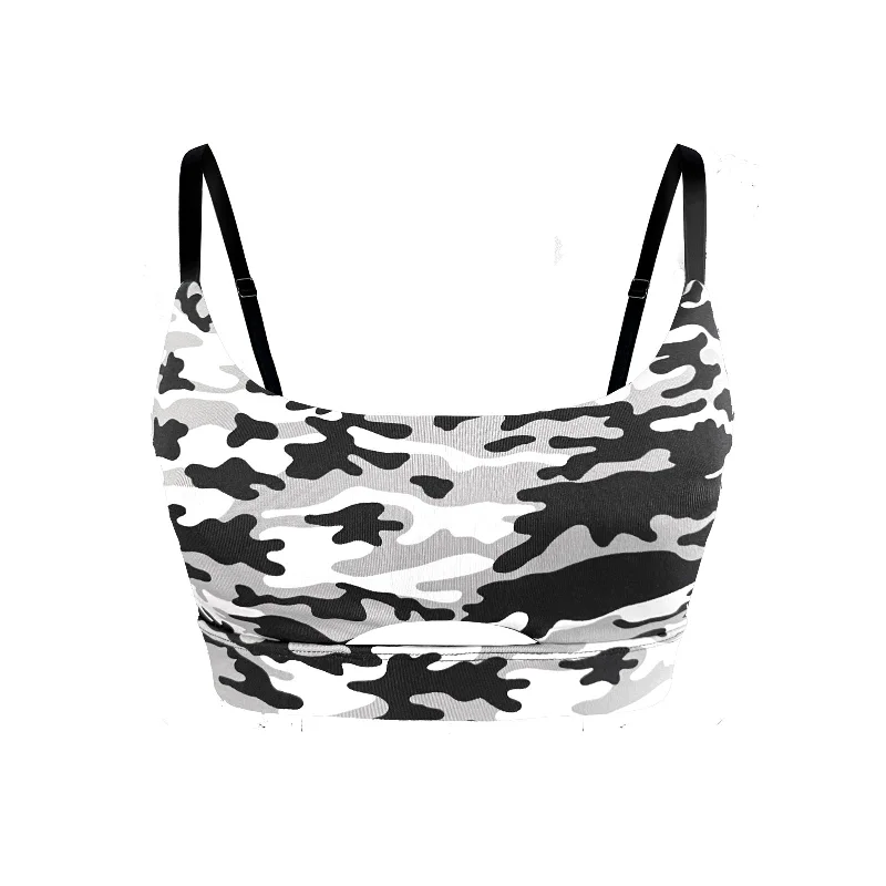 Adjustable Pole Dance Sports Bra Luna Camouflage Print Black White Grey Elegant Silk Bra