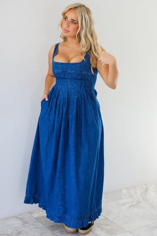 Cancelled Plans Denim Maxi Dress: Denim Trendy V-Neck Maxi Dress