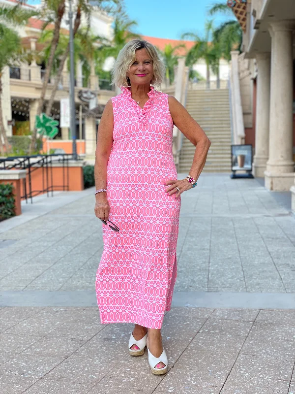 CANDY PINK RUFFLE MAXI DRESS Stylish Pleated A-Line Maxi Dress