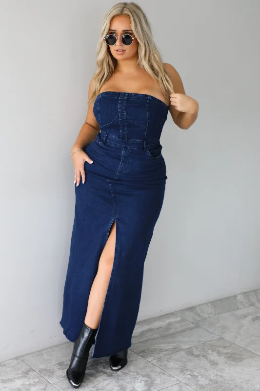 Let's Not Forget Maxi Dress: Dark Denim Fashionable Off-Shoulder Maxi Dress