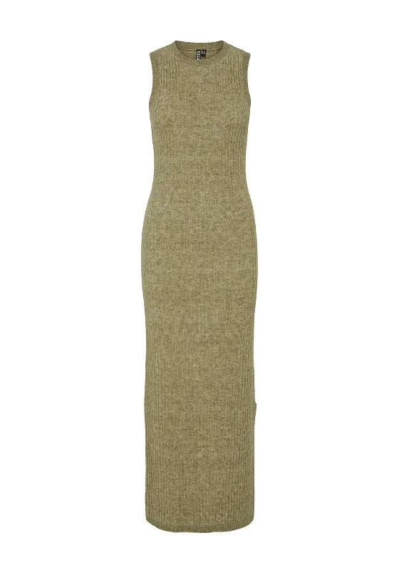 Pieces Paya Ribbed Knit Sleeveless Maxi Dress, Green Casual Maxi Dress with Pockets