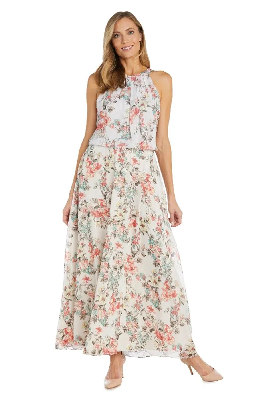 R&M Richards 1121 Long Halter Floral Maxi Dress Trendy Ruffled Maxi Dress