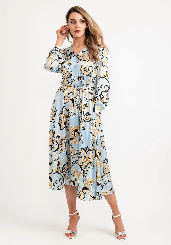 Seventy1 Abstract Floral Satin Maxi Dress, Blue Multi Stylish Long Sleeve Maxi Dress