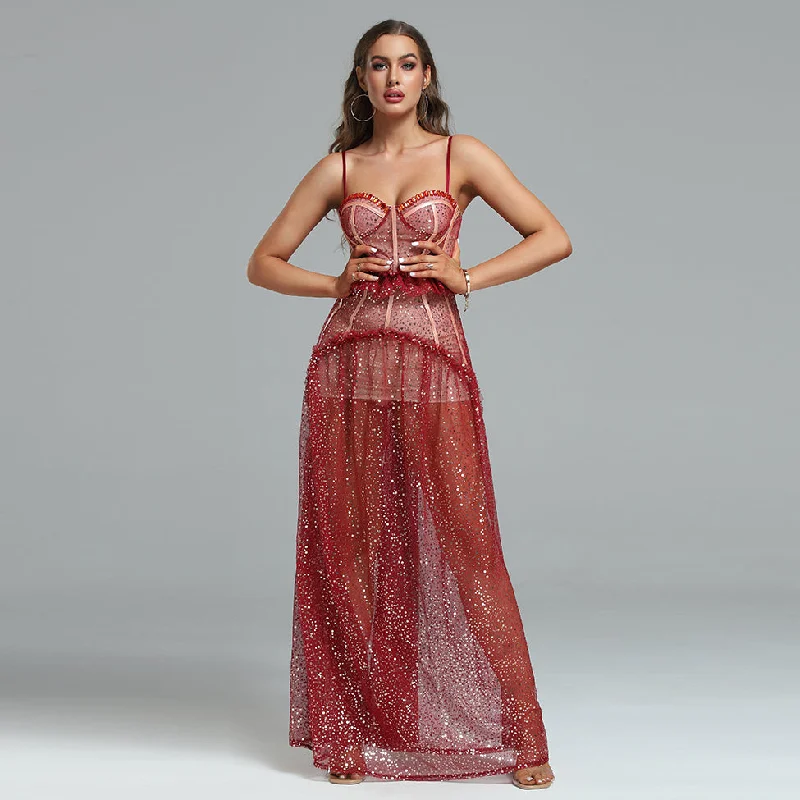 Strappy Sequins Mesh&Lace Maxi Dress Stylish Longline Maxi Dress