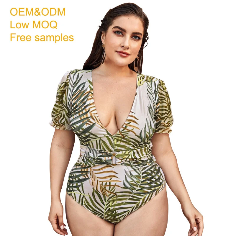 2022 plus size swimsuit short sleeve deep V-neck print women one piece african bikini swimwear sexy brazilian bathing suit Sexy Monokini Swimsuit