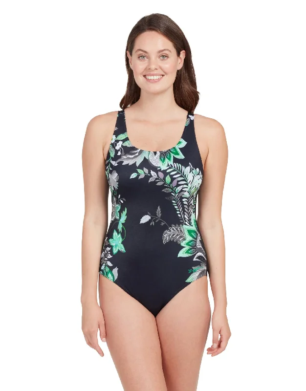 Botanica Adjustable Scoopback Swimsuit - Black/Green Elegant Swim Dress