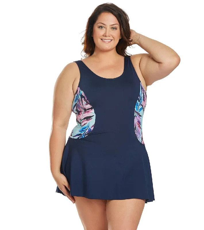 Dolfin Women's Plus Size Wisteria Palm Color Block Swim Dress Wysteria Monokini Swimsuit Design