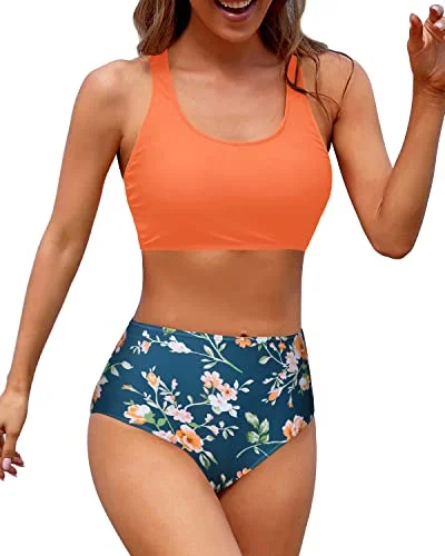 Flattering Women's High Waisted Two Piece Bikini Sports Crop Top Swimsuit-Orange Flowers Comfortable Swim Shorts