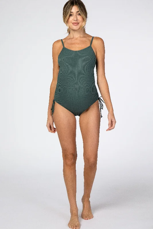 Green Ribbed Side Tie One-Piece Maternity Swimsuit Classic One-Piece