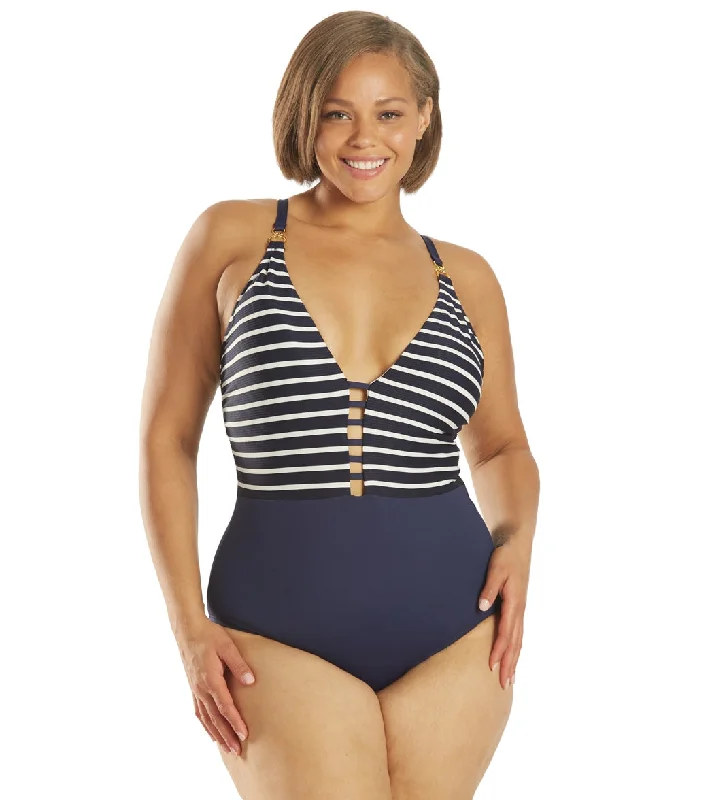 La Blanca Women's Plus Size Capri Stripe Plunge One Piece Swimsuit Indigo Sexy Cutout Swimsuit