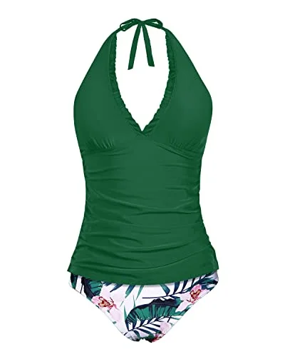 Open Backs Two Piece Tankini Bathing Suits Ruffle V Neck Swimsuits For Women-Green Tropical Floral Elegant Swim Dress