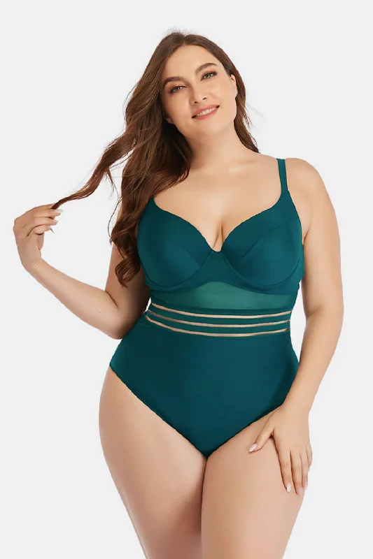 Plus Size Spliced Mesh Tie-Back One-Piece Swimsuit High-Waisted Swim Bottoms