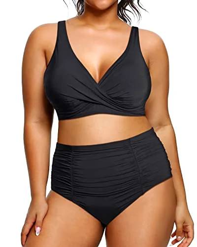 Plus Size High Waist Bikini Tummy Control Bathing Suits Twist Front Swimwear-Black Sexy Monokini Swimsuit