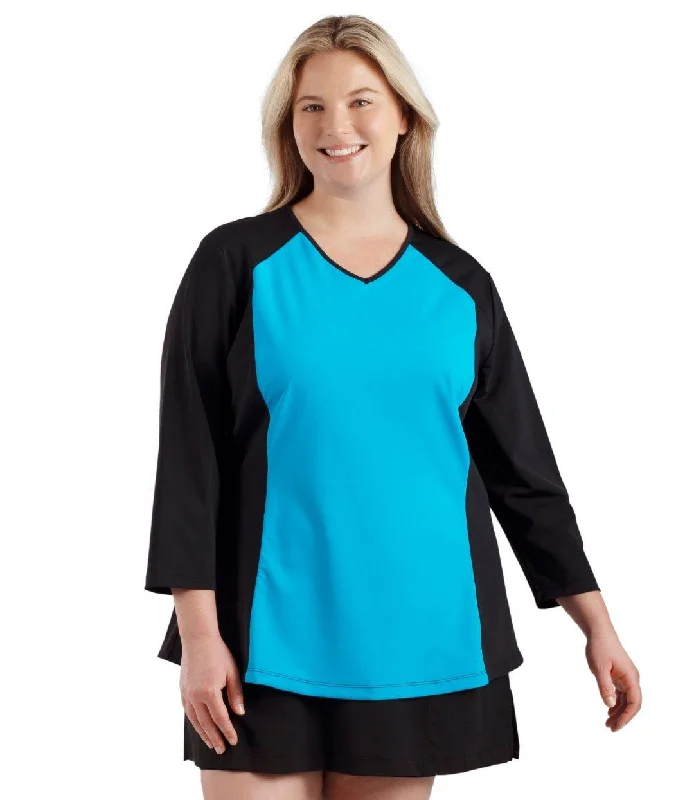 QuikEnergy 3/4 Sleeve Swim and Sun Top Black and Turq - FINAL SALE Quick-Dry Tankini