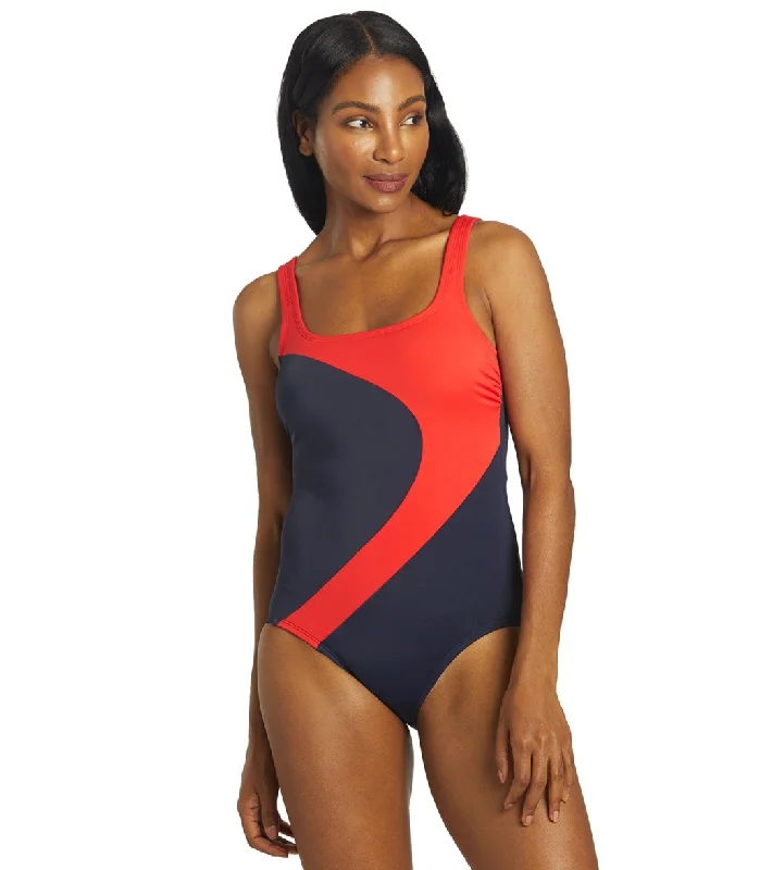 Reebok Women's Classic Colorblock High Neck One Piece Swimsuit Navy Blue Sporty Swimwear Bottoms