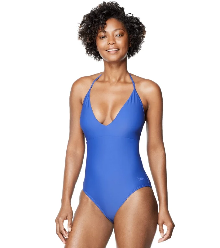 Speedo Active Women's V-Neck Halter One Piece Swimsuit Royal Blue Adjustable Strap Swimsuit