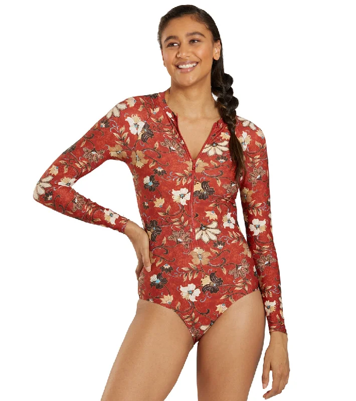 Sporti Active Vintage Bali Zip Front Long Sleeve One Piece Swimsuit Vintage Bali Floral Bikini Top