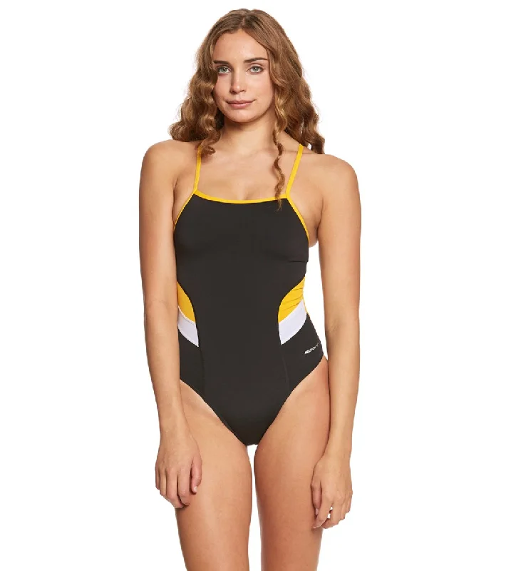 Sporti HydroLast Splice Thin Strap One Piece Swimsuit Black/Gold Sporty Swimsuit Style