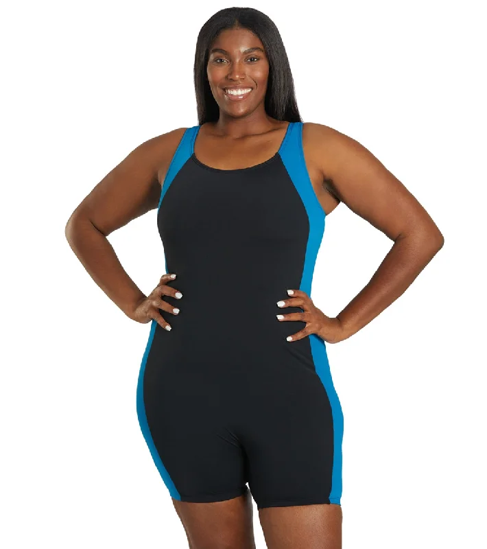 Sporti Plus Size HydroLast Chlorine Resistant Splice Scoop Back Unitard One Piece Swimsuit Black/Teal Timeless Black Bikini