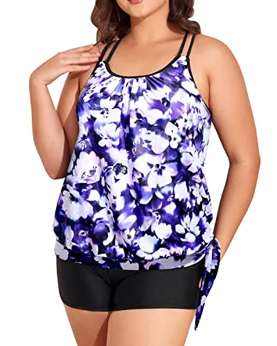 Trendy Tummy Control Tankini Women's Plus Size Two Piece Swimsuit Swim Skirt Set