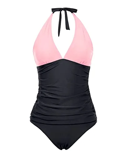 Women Adjustable Self Tie Shoulder Straps Two Piece Tankini Swimsuit-Pink And Black Elegant Ruffle Swimsuit