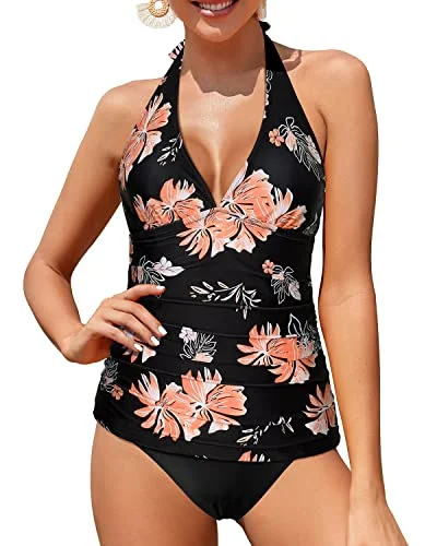 Two Piece Ruched Tankini Cover Tummy Control Swimsuit-Black Orange Floral Vibrant Bikini Design