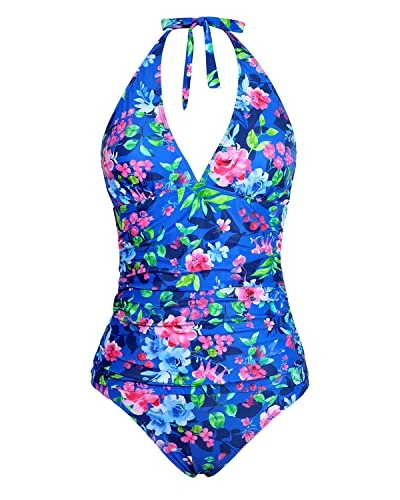 Two Piece Tankini Bathing Suits For Women With Plump Breasts-Royal Blue Flowers Sleek Racerback Swimsuit