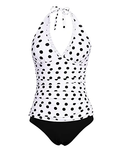 Open Back Tankini Top With Adjustable Strap V Neck Tankini Swimsuits-White Black Polka Dots Full Coverage Swimsuit