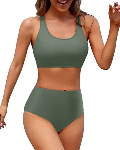 Sporty Women's High Waisted Two Piece Bikini Sports Crop Top Swimsuit-Army Green Classic Sporty Swimsuit