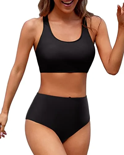 Women's Two Piece Bikini Sports Crop Top Swimsuit-Black Adjustable Strap Swimsuit