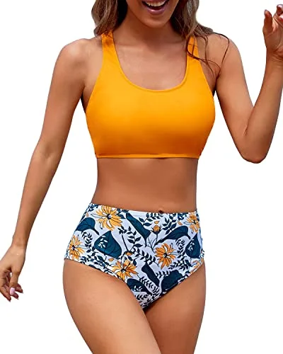 Athletic Women's Bikini Sports Crop Top Swimsuit For Teens-Yellow Floral Chic Swimsuit Cover-Up