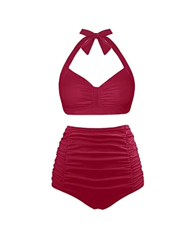 Ruched Twist Vintage Swimsuit Sweetheart Neckline Bikini Set-Red Sexy Swimwear Set