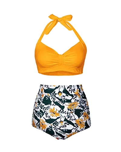 Ruched Twist 50S Style Retro Swimwear High Waisted Bikini Set For Women-Yellow Floral Classic Sporty Swimsuit