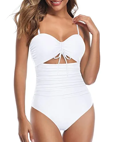 Removable Spaghetti Straps Swimsuits For Curvy Womens-White Plunge Back Swimsuit