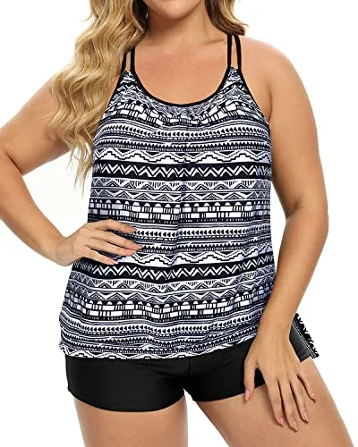 Plus Size Blouson Tankini Top With Boy Shorts For Women-Black Tribal Solid Color Swimsuit