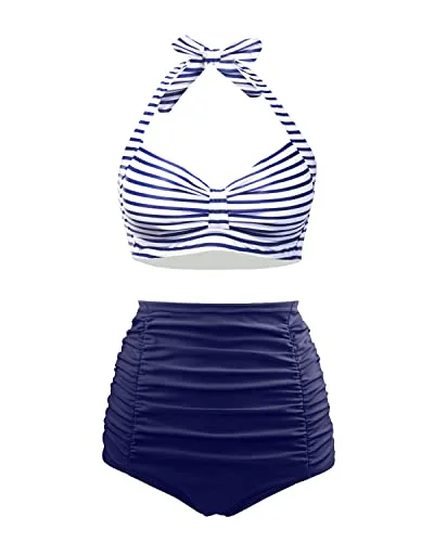 Women's Ruched High Waisted Bikini Set Vintage Halter 2 Piece Swimsuit Sexy Two-Piece Set