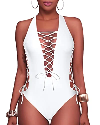 Plunge V Neck Lace Up One Piece Swimsuits-White Timeless Black Bikini