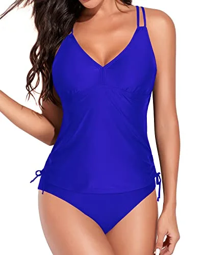 Push Up Tankini Swimsuits For Women With Bikini Bottom-Royal Blue Adjustable Strap Swimsuit