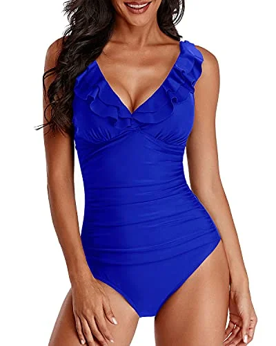 Flounce V Neck One Piece Swimsuits For Women-Royal Blue Sleek Full Coverage